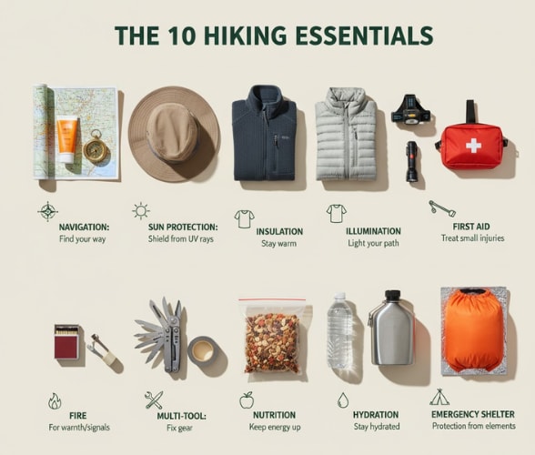 A visual guide to the 10 hiking essentials, perfect for hiking for beginners, including navigation and first aid.