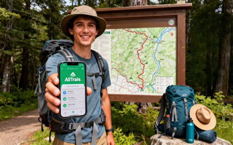 A man stands near a trail map, showcasing an app for hiking for beginners on his smartphone.