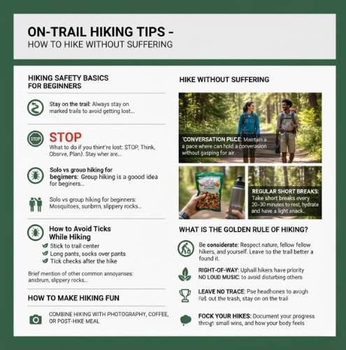On-trail hiking tips for beginners focusing on safety, enjoying the experience, and avoiding suffering.