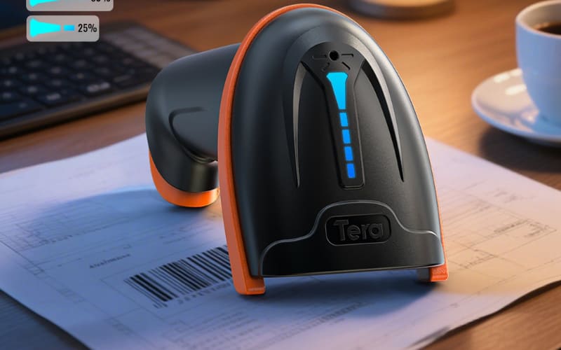 A sleek barcode scanner on a desk, showcasing automatic identification and data capture technology for efficient inventory management.
