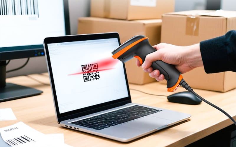 A hand holds a barcode scanner, capturing a QR code displayed on a laptop, showcasing automatic identification and data capture technology.