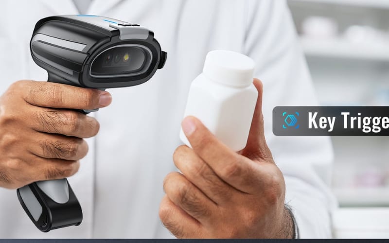 A person holds a barcode scanner and a white bottle, showcasing automatic identification and data capture technology in action.