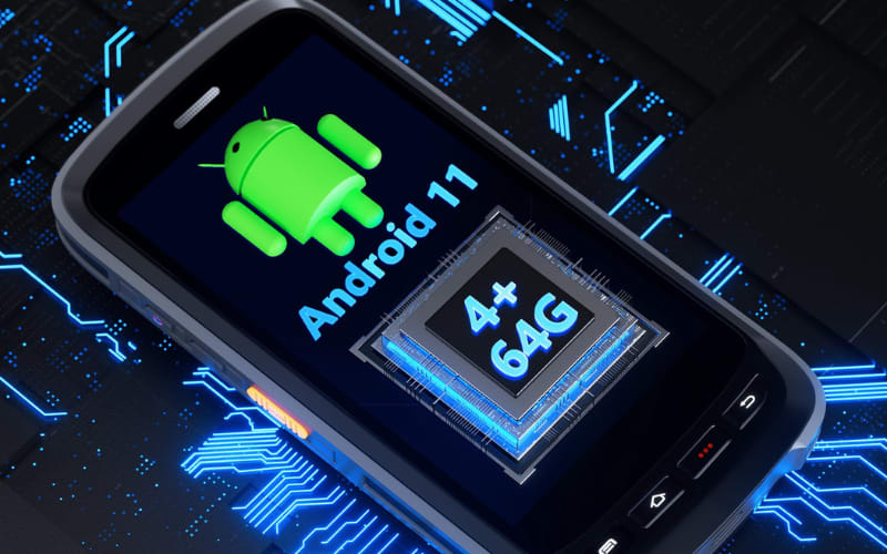 Mobile device displaying Android 11, highlighting specifications of 4GB RAM and 64GB storage, emphasizing automatic identification and data capture.