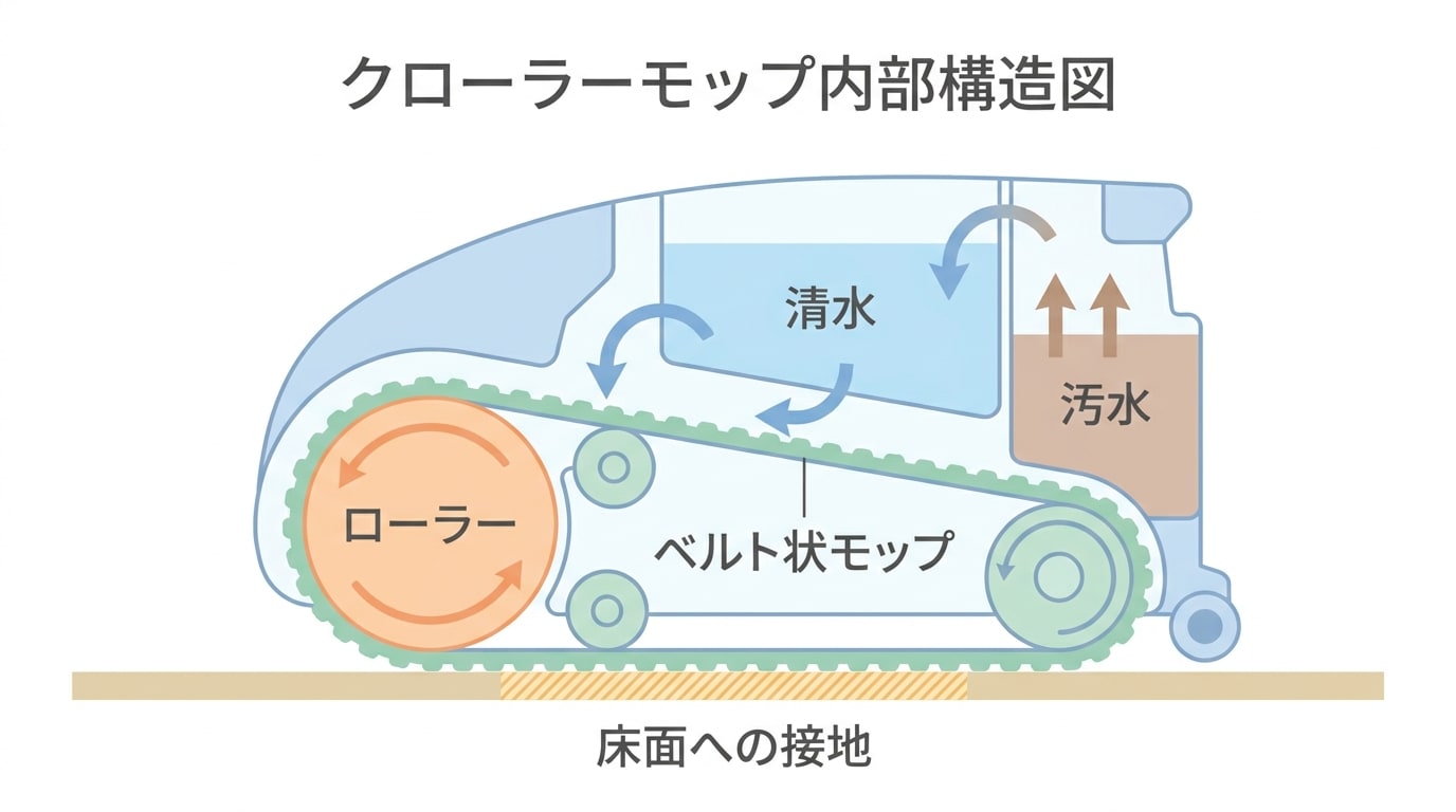 クローラーモップの内部構造を示しており、清水と汚水の流れが描かれています。