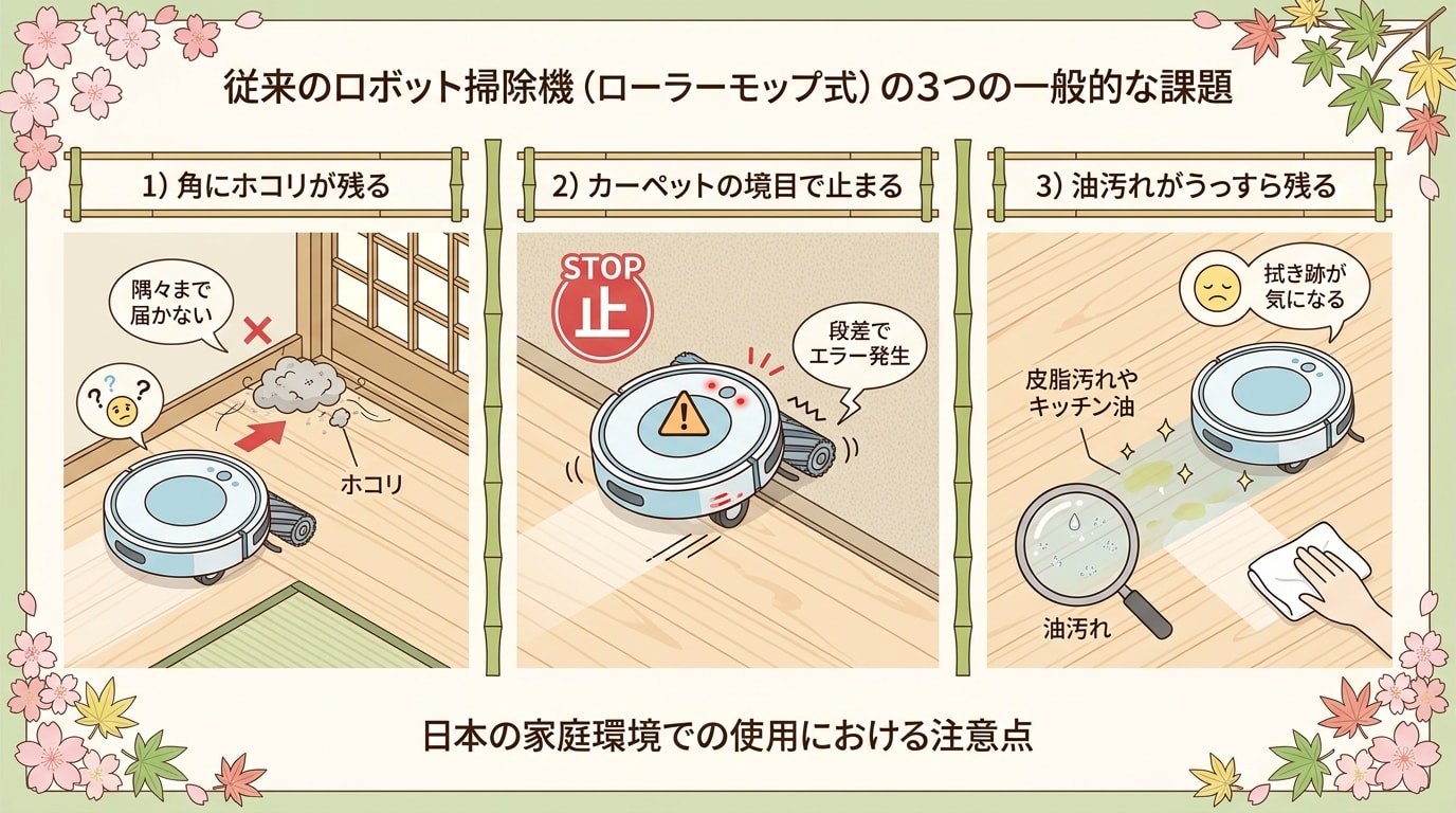 従来のロボット掃除機（クローラー モップ式）が抱える3つの問題点が illustrated されています。