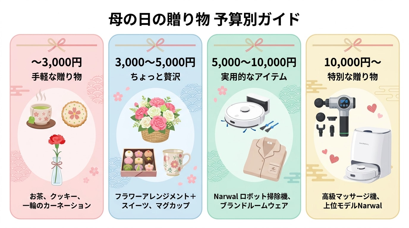 母の日の贈り物の予算別ガイド。手軽な贈り物から特別な贈り物まで、幅広い選択肢を提案します。