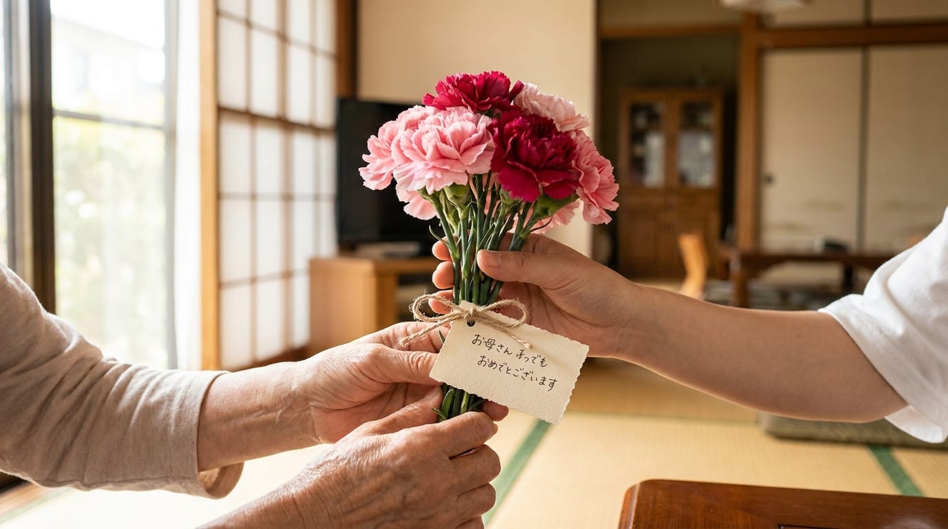 母の日に送られるカーネーションの花束を手渡す温かい瞬間が映されています。