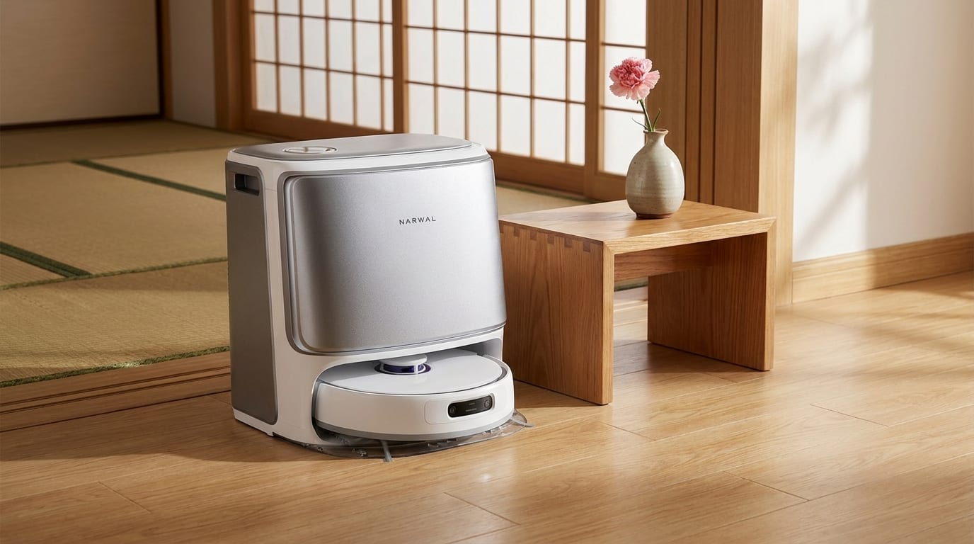 モダンな和室に置かれたロボット掃除機と花瓶、母の日のギフトとして最適です。温かい雰囲気を演出しています。