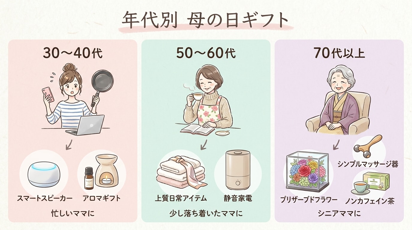 30代から70代までの母の日ギフト的提案。忙しいママや少し落ち着いたママ、シニアママに最適。