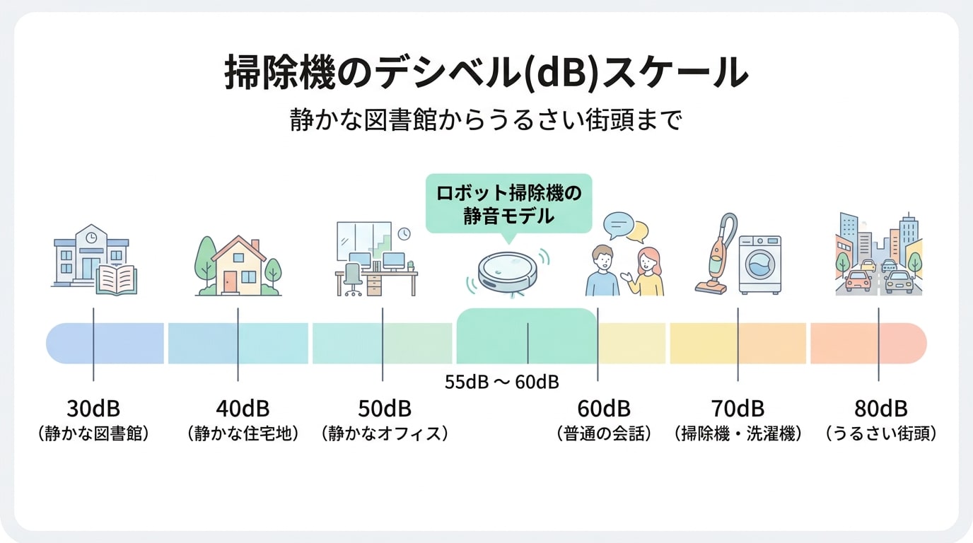 静かなロボット掃除機の音量を示すデシベルスケール。図書館から街頭までの静かさを比較。