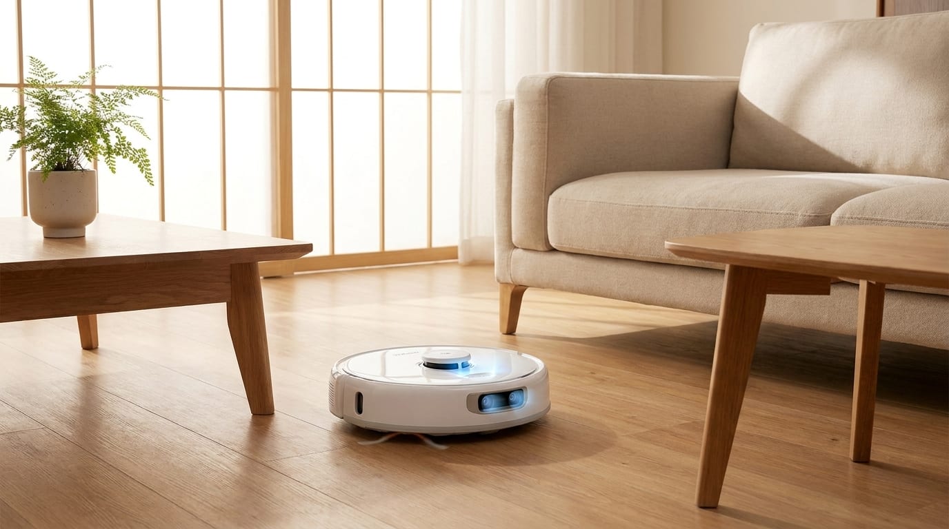 ロボット掃除機が家具の間をスムーズに移動し、障害物回避機能を活かしている様子。