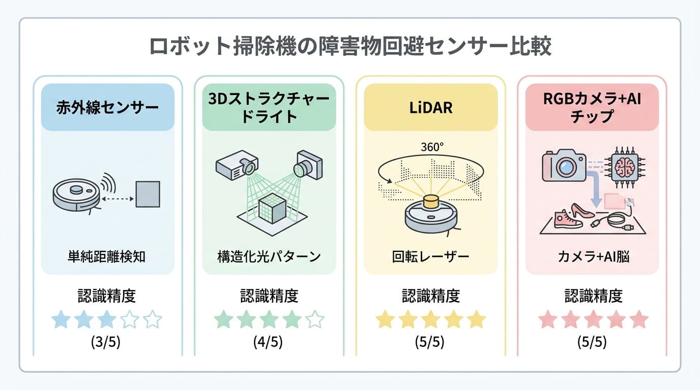 ロボット掃除機の障害物回避機能を比較するためのセンサー情報がまとめられています。各センサーの精度も示されています。