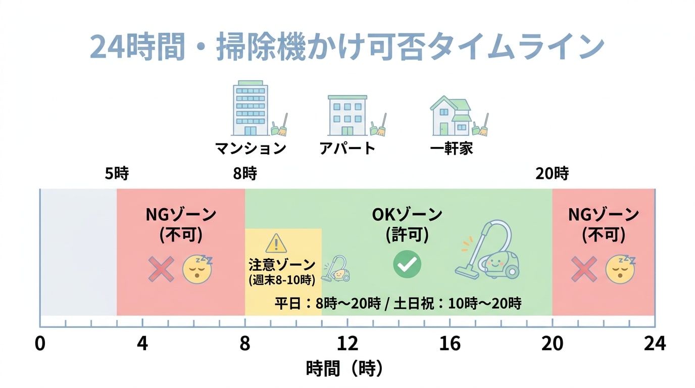 24時間の掃除機使用可否タイムライン。マンション、アパート、一軒家での時間帯を示しています。
