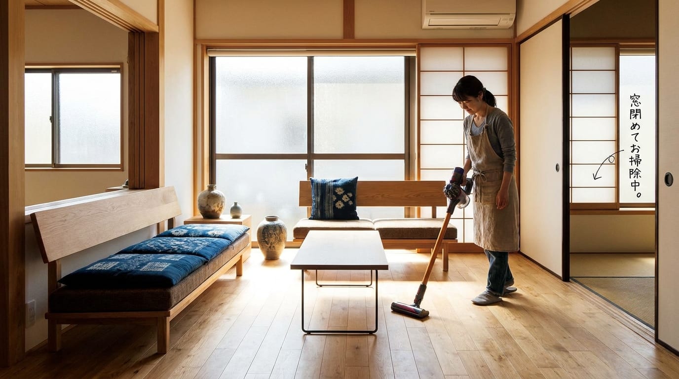 掃除をしている女性が美しい和室の中で、窓を閉めてお掃除中の様子が描かれています。