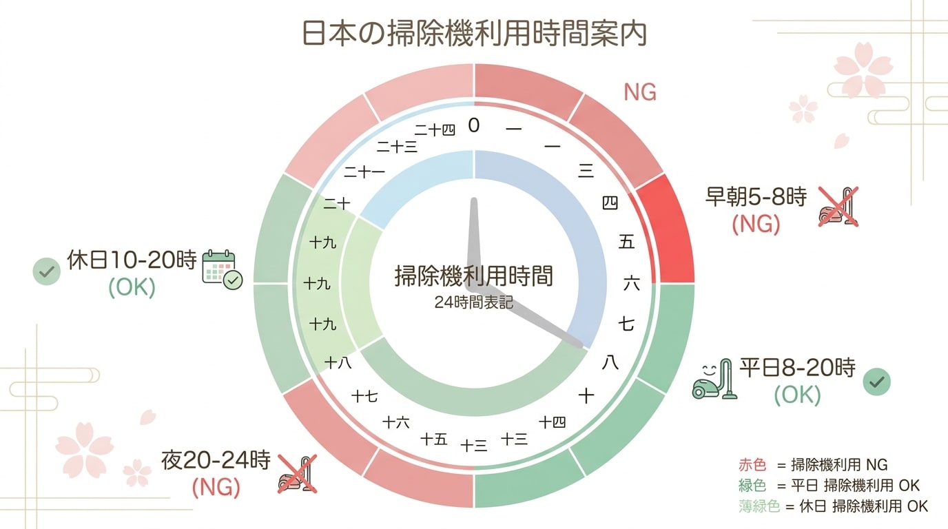 日本の掃除機利用時間案内。休日は10-20時、平日は8-20時が利用可能。早朝と夜間はNG。