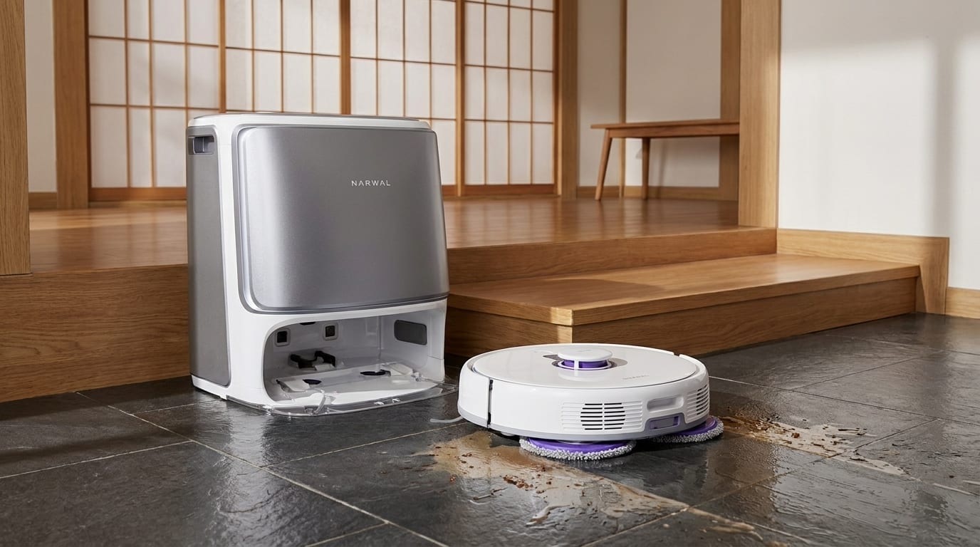 玄関タイル掃除用のロボット掃除機が床の水を掃除している様子。快適な家を保つための便利なアイテム。