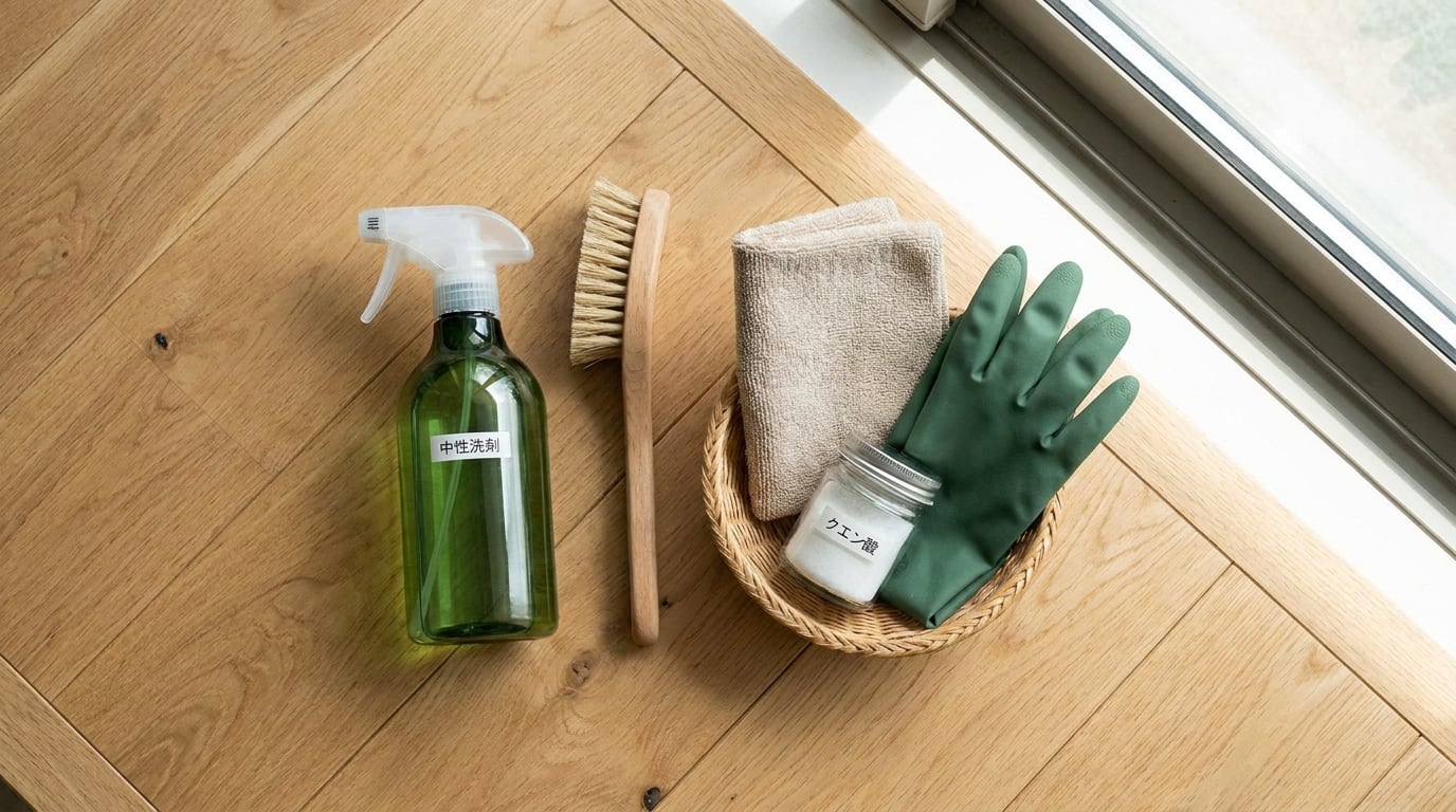 玄関タイル掃除に必要な道具。洗剤やブラシ、タオル、手袋を並べたシーン。清掃の準備が整った。