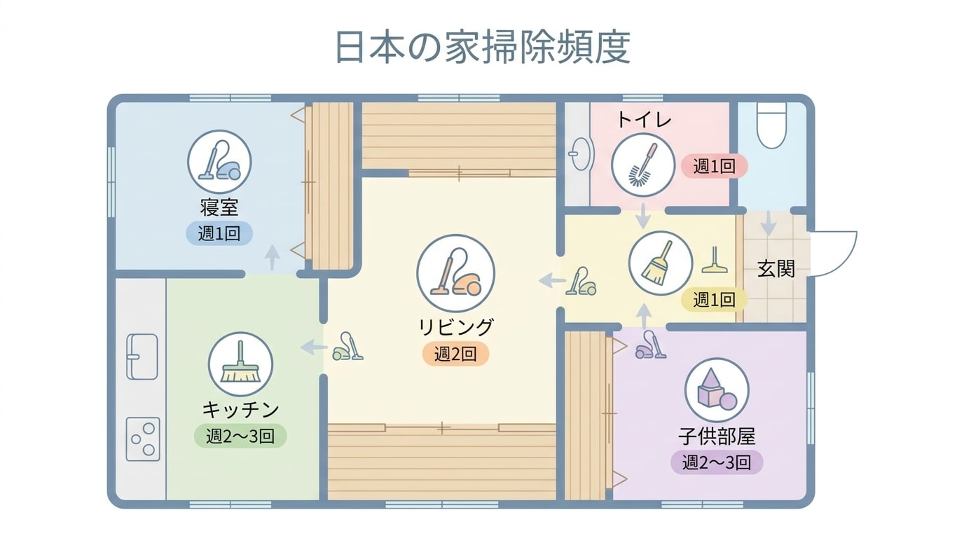 日本の家掃除機をかける頻度を示す図。各部屋の掃除頻度が明記されています。