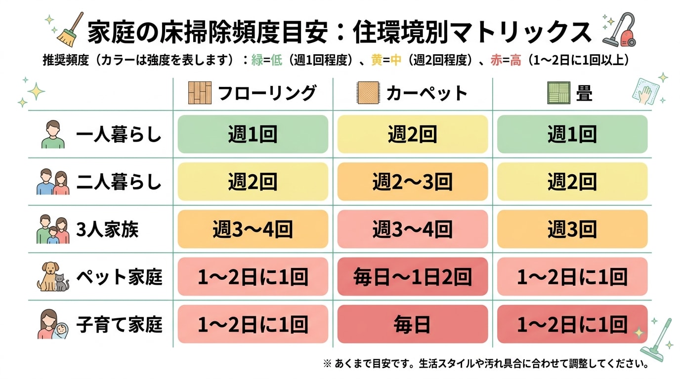 家庭の掃除頻度マトリックス。掃除機をかける頻度は住環境によって異なる。
