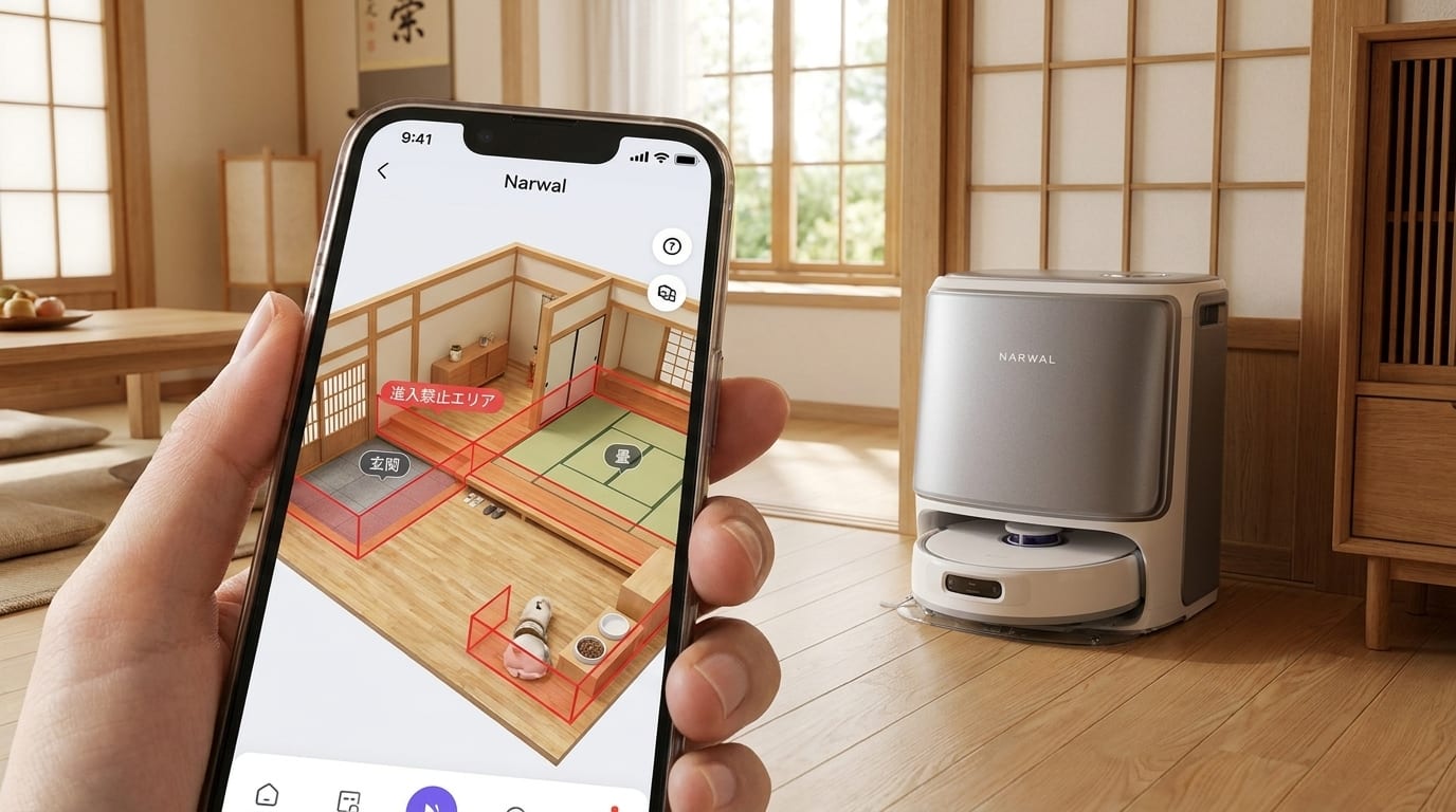 スマートフォンでロボット掃除機の侵入を管理するシーン。和室が清掃準備中です。