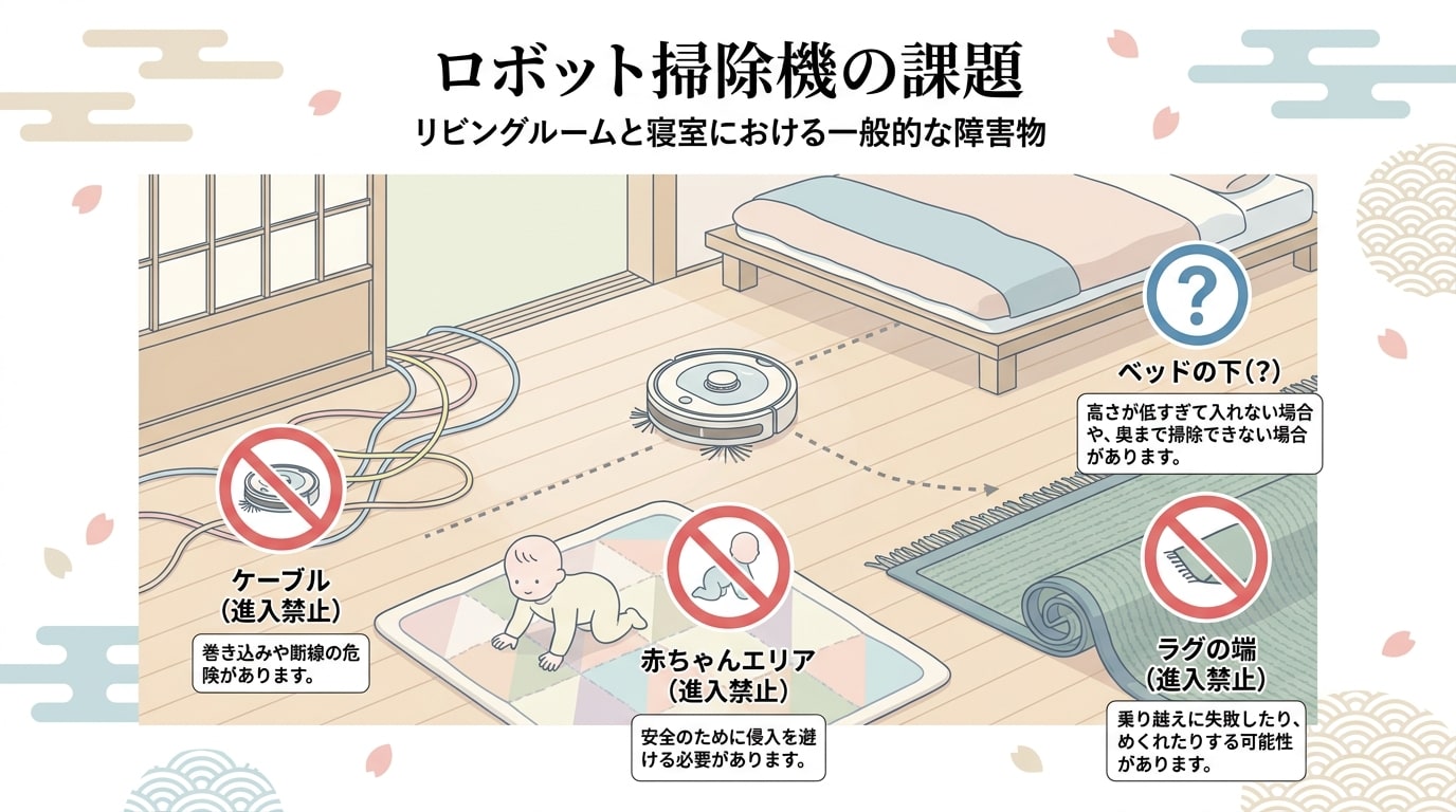 リビングルームと寝室でのロボット掃除機の侵入に関する注意点を示したイラストです。