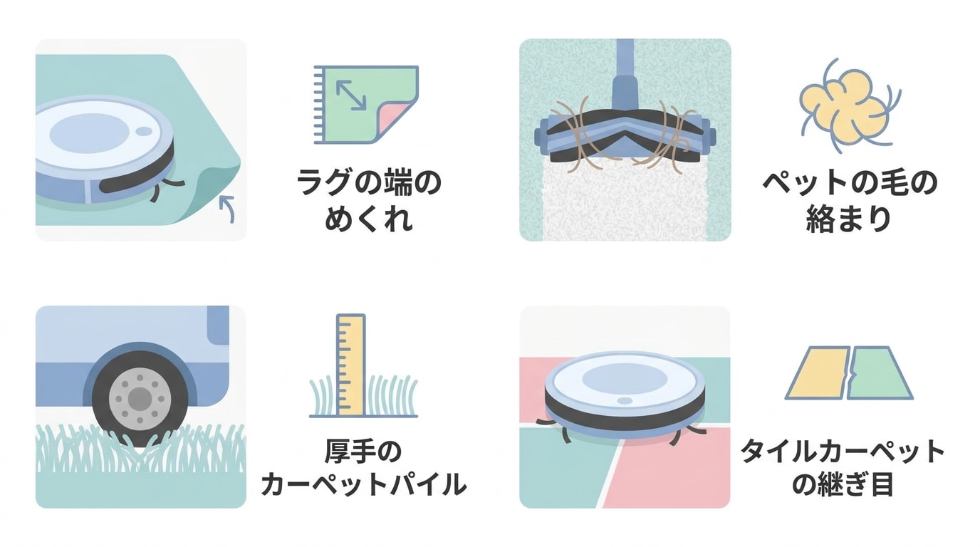 絨毯対応のロボット掃除機が、ラグの端やペットの毛もきれいに掃除する様子が描かれています。