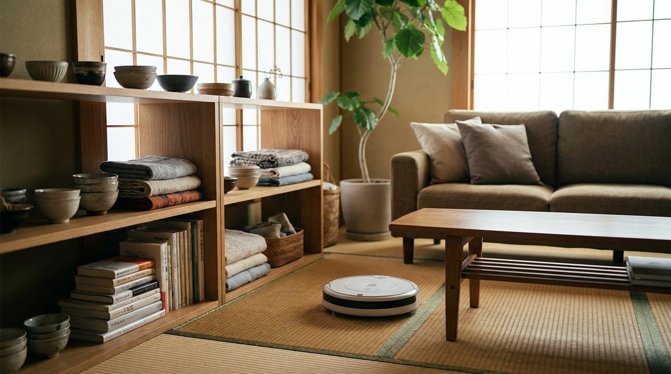 散らかった部屋には、木の家具や畳、リラックスできるソファがあります。ロボット掃除機も見えます。