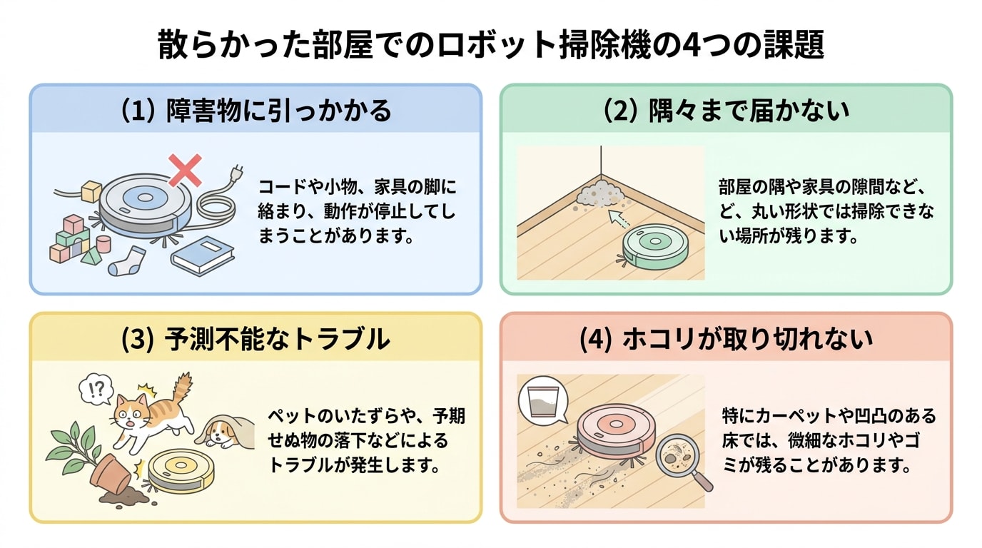 散らかった部屋でロボット掃除機が直面する問題を4つ示したイラスト。掃除の課題を説明。