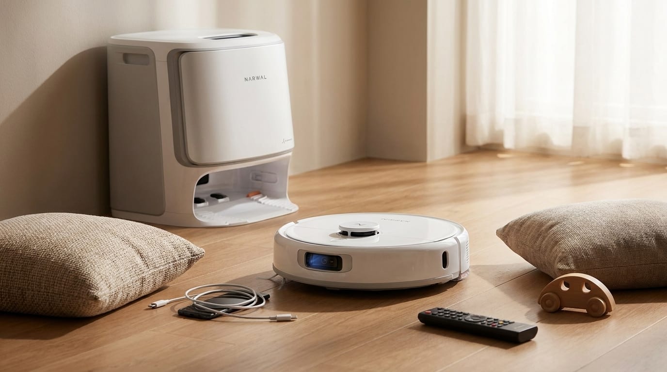 散らかった部屋に自動掃除機とリモコン、ケーブル、おもちゃが置かれている様子。