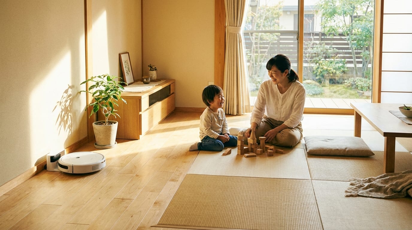 家の中で遊ぶ母と子供、時短を叶えるのロボット掃除機が静かに動いている温かい光景。