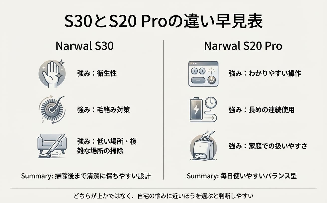 S30とS20 Proの違いを比較した表。コードレス水拭き掃除機の特徴が詳細に記載されています。