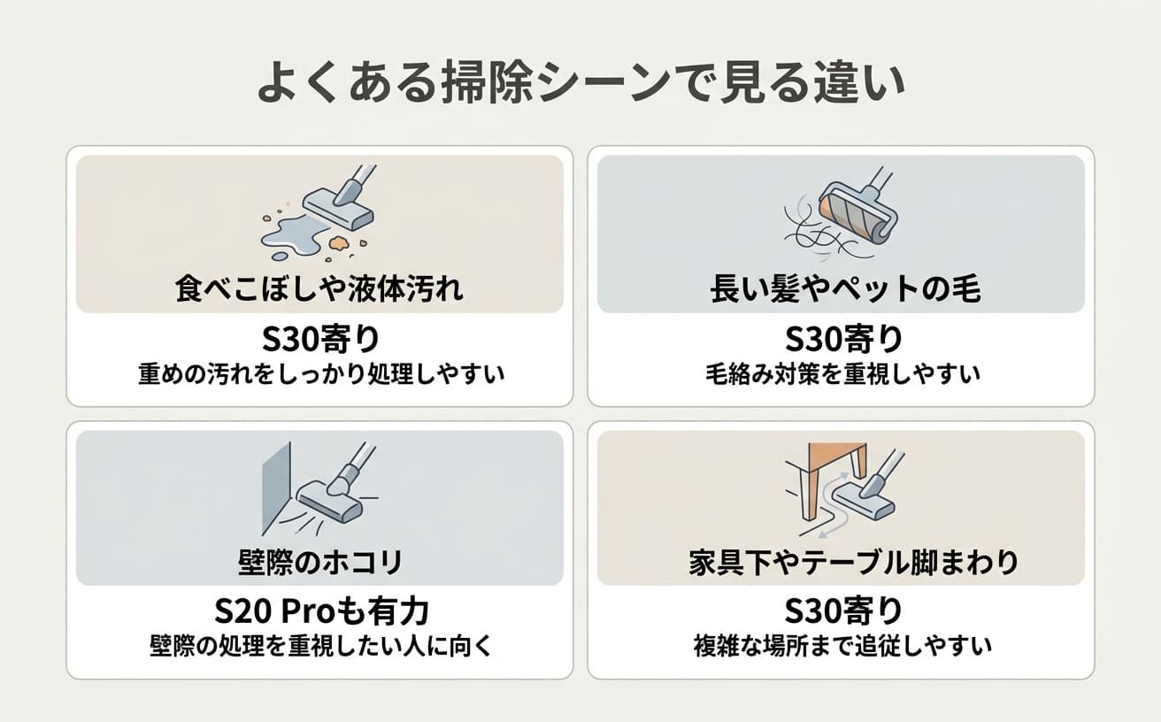 コードレス水拭き掃除機の使用シーンを比較し、S20 ProとS30の特長を簡潔に説明しています。