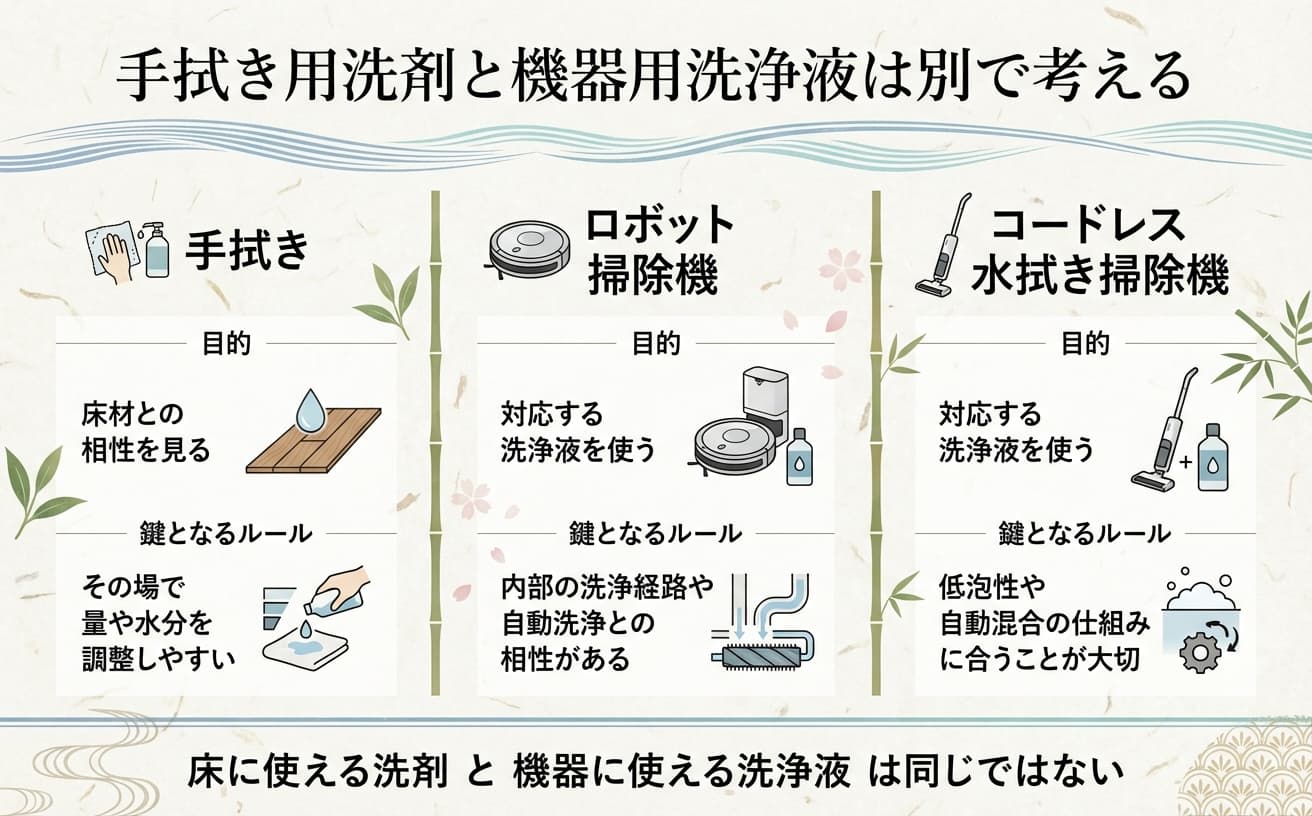 手掃き用洗剤と機器用洗浄液の違いを示す図。床掃除の洗剤選びが重要です。