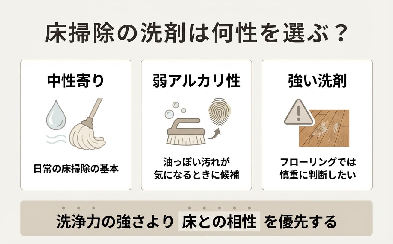 床掃除の洗剤の選び方を示す図。中性、弱アルカリ性、強い洗剤の特徴が説明されている。