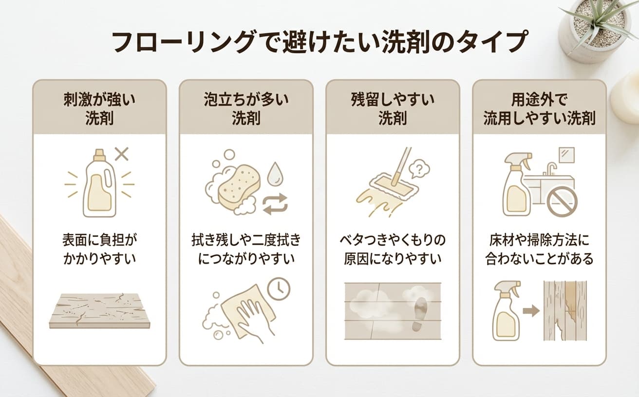 フローリングの掃除で避けたい洗剤のタイプを示したイラスト。床掃除の洗剤選びの参考に。