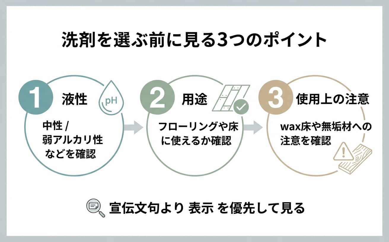 床掃除の洗剤選びで重要な3つのポイントが示されています。液性、用途、使用注意を確認しましょう。