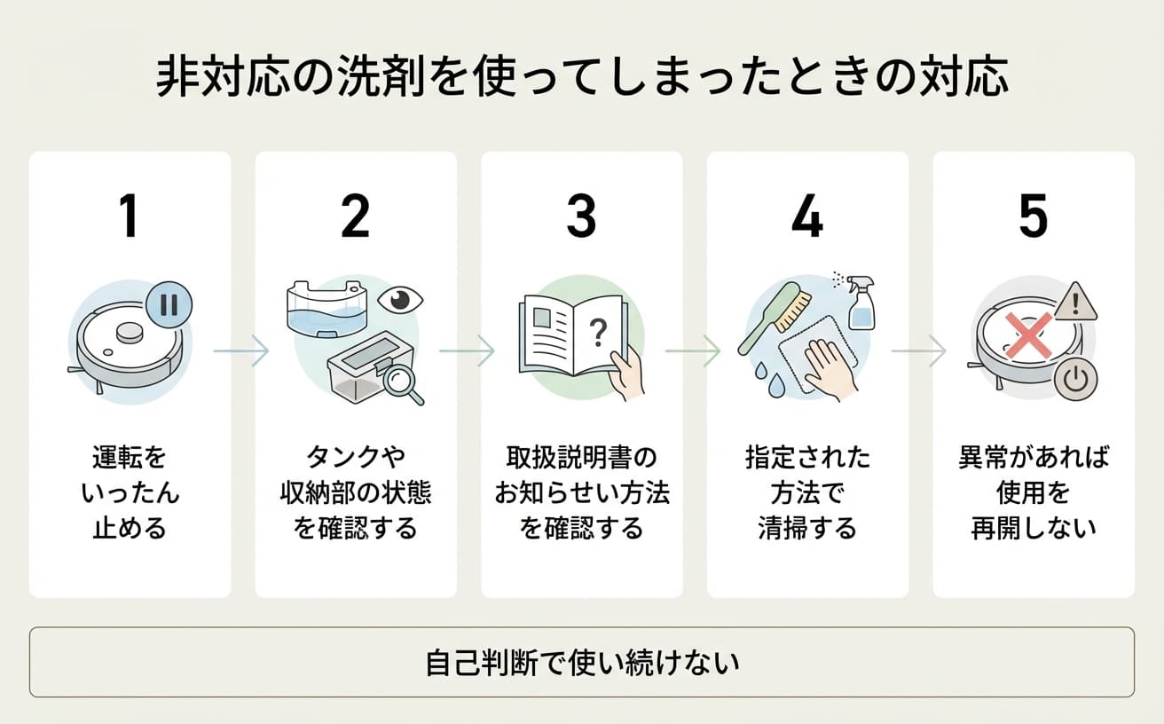 運転停止後、床掃除の洗剤の使用方法を確認し、指定された手順で掃除を行う注意事項。