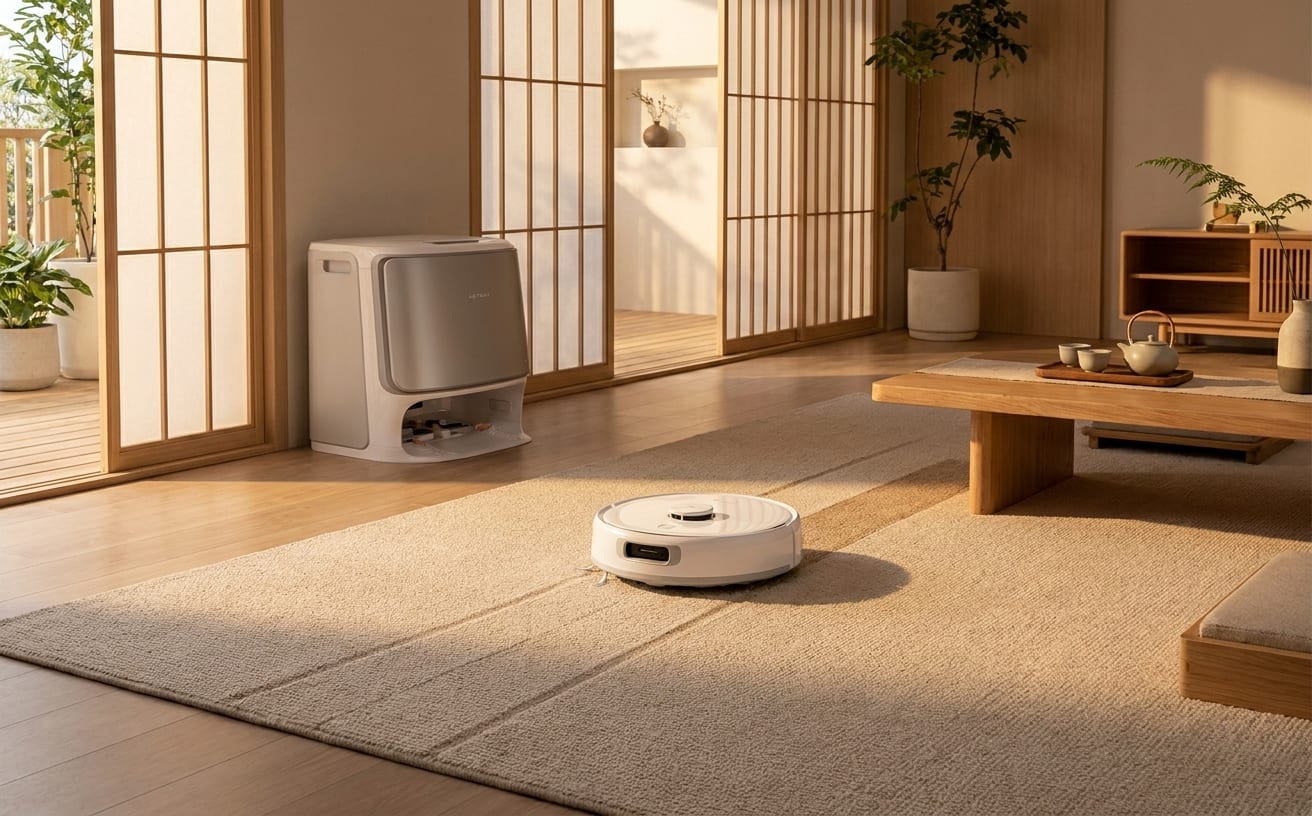 自動カーペット掃除機が、明るいリビングルームのカーペットを掃除しています。木製の家具と植物が配置されています。