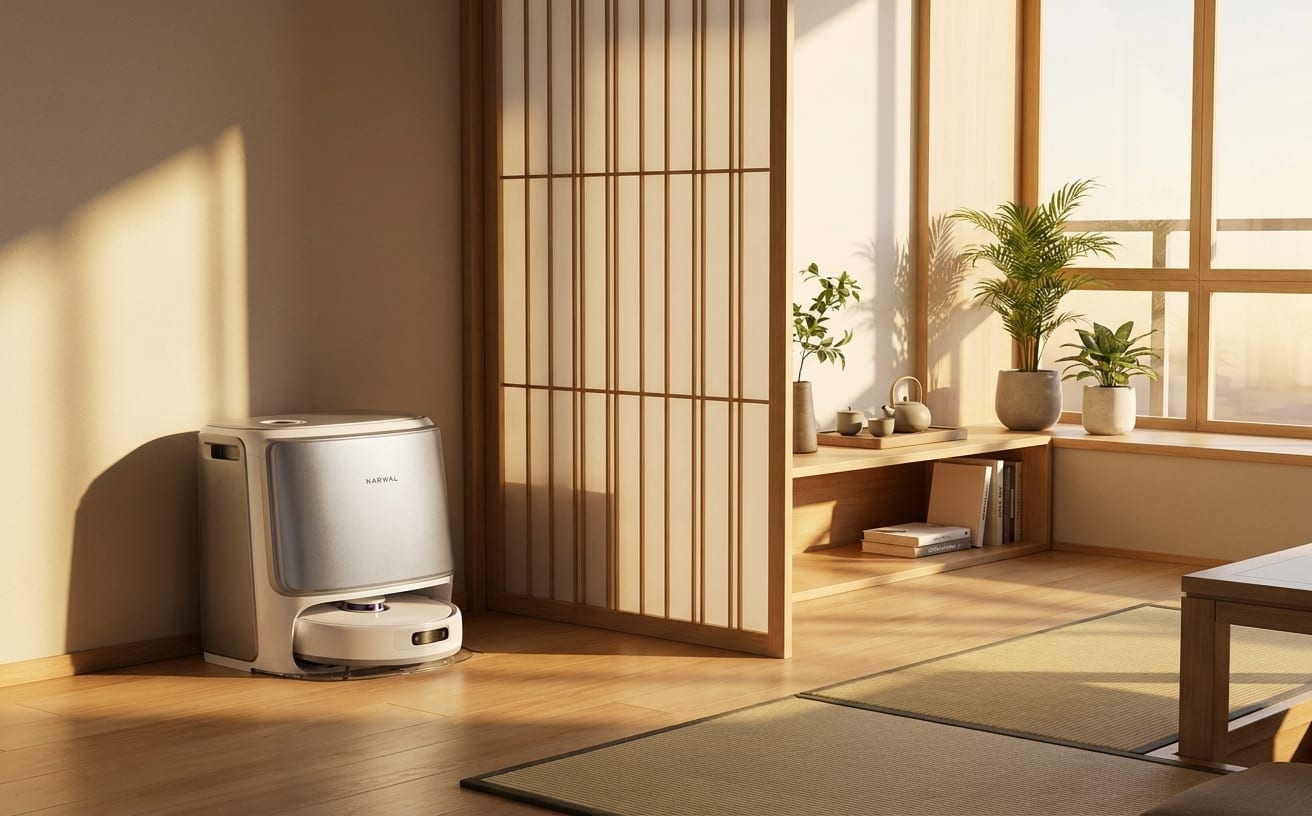 狭い部屋と掃除を大切にしたシンプルなデザインの自動掃除機が置かれた明るい空間。