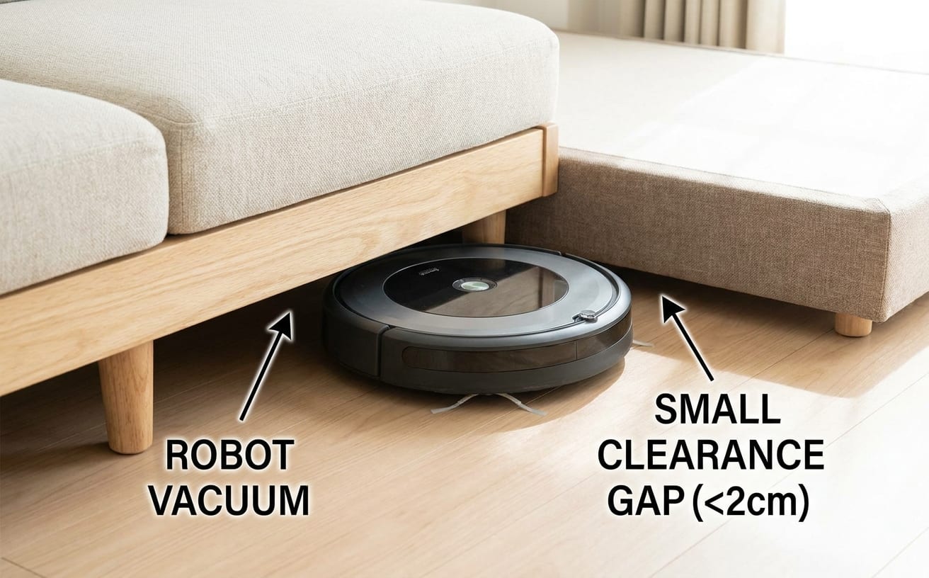 狭い部屋でロボット掃除機が家具の下を掃除する様子が映っています。掃除の効率的な利用。
