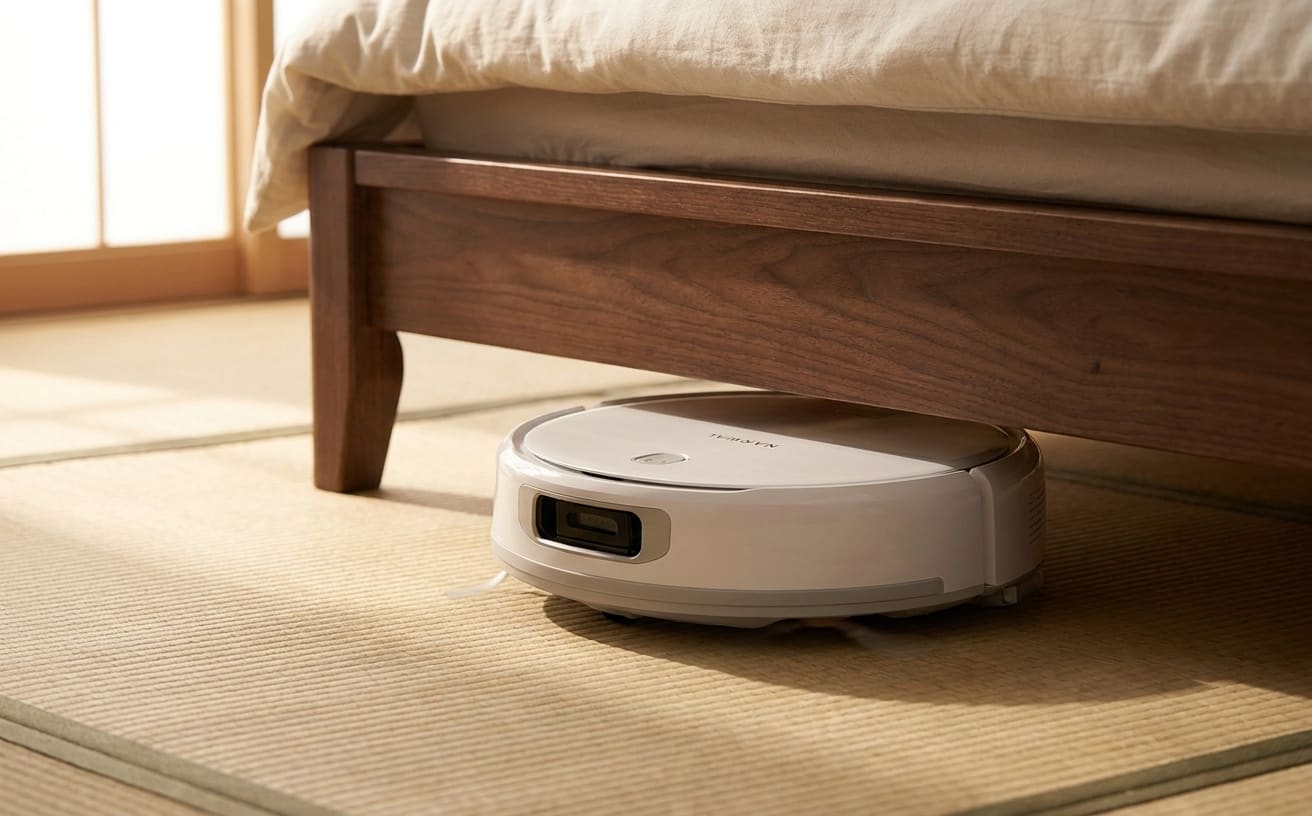 狭い部屋で掃除をしているロボット掃除機が、ベッドの下を清掃しています。