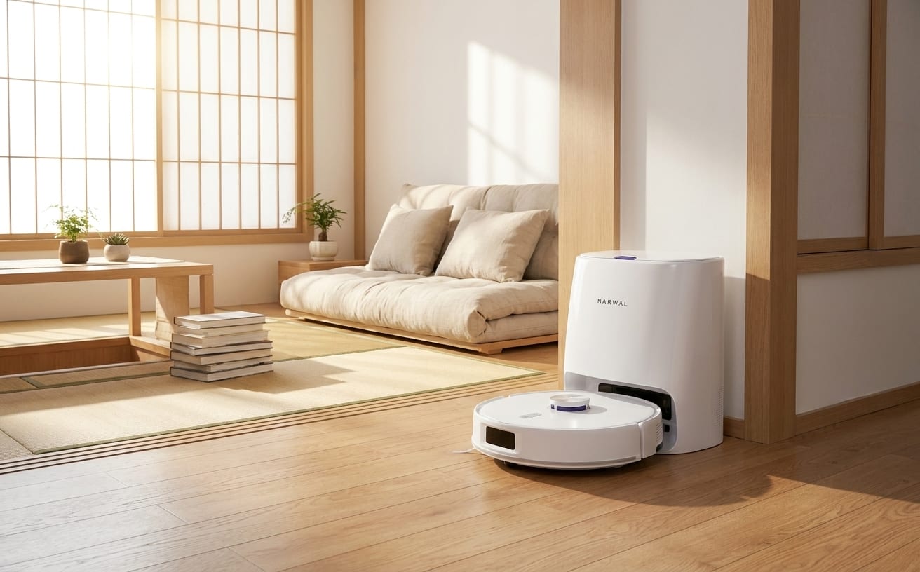 狭い部屋で掃除するために設計されたロボット掃除機が、シンプルで快適な空間にあります。