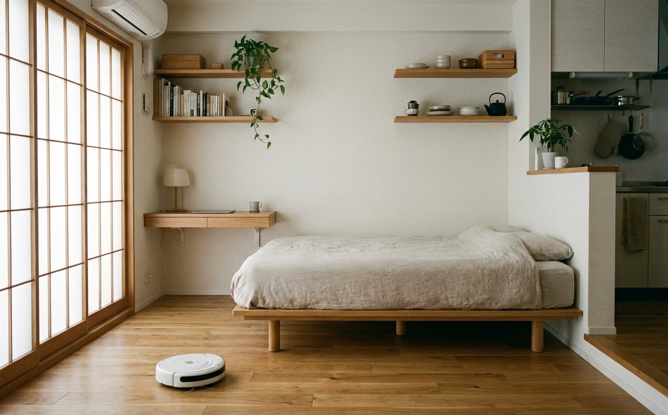 狭い部屋にはシンプルな家具があり、掃除ロボットが床をきれいにしている静かな空間です。