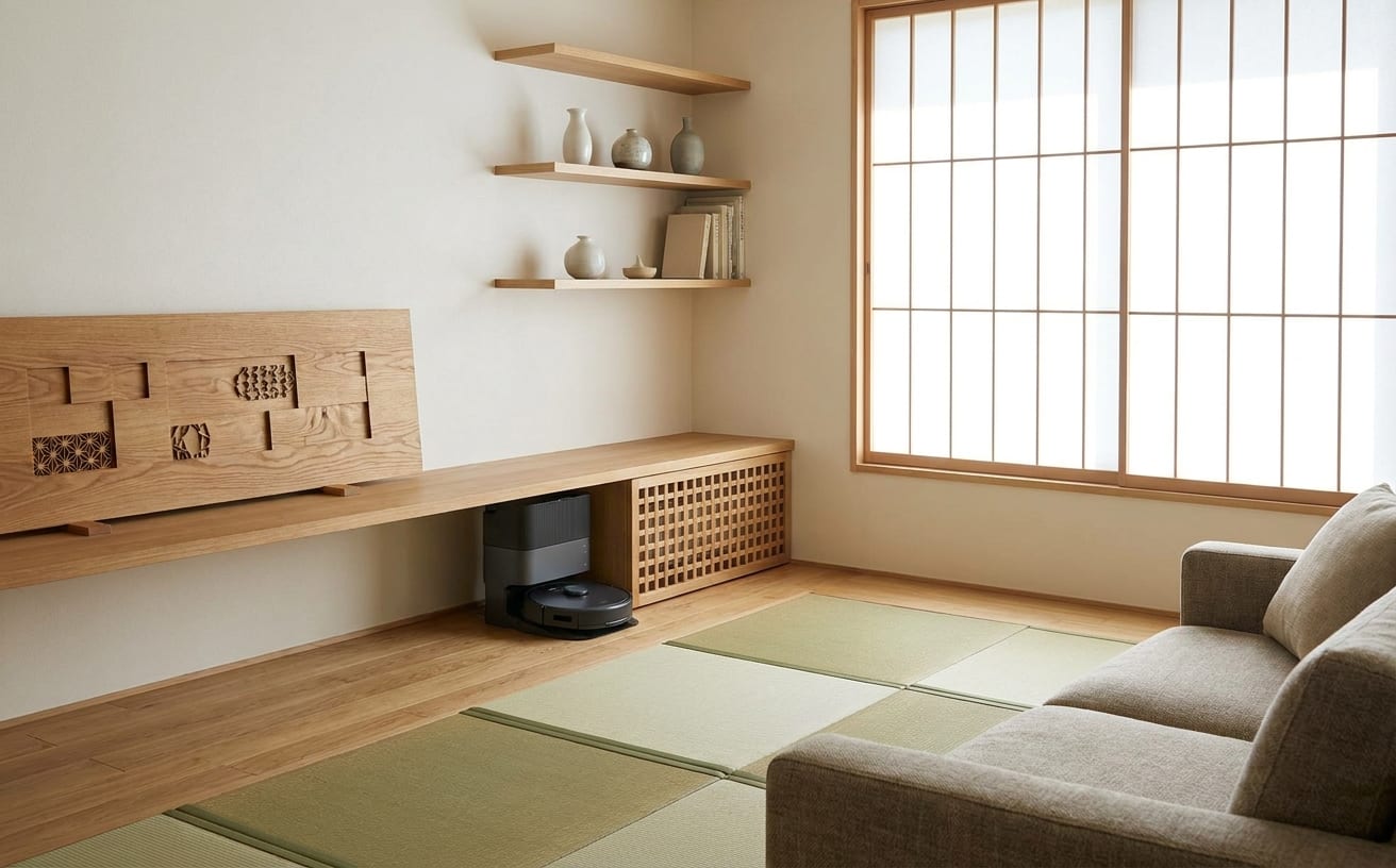 シンプルでスタイリッシュな部屋に設置されたロボット掃除機の基地と収納スペースが見えます。