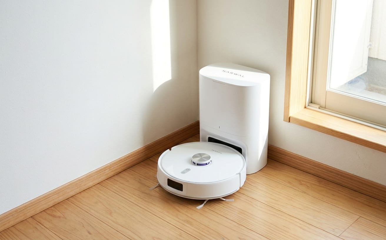 ロボット掃除機の基地と収納が特徴的な、明るい部屋の一角の画像。