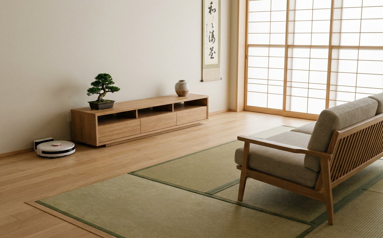 静かな部屋にロボット掃除機のかけ方が示されている。和風のインテリアが心地よい雰囲気を醸し出す。