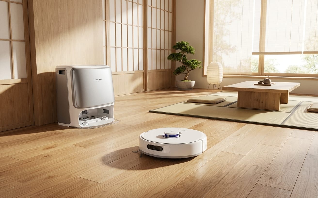 部屋に置かれたロボット掃除機のかけ方を示す、和風のインテリアの画像です。