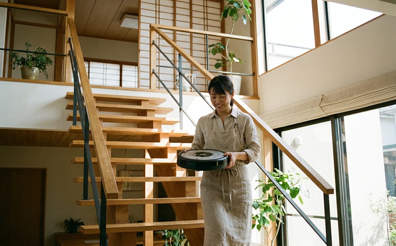 女性が複数の部屋で使用するためにロボット掃除機を手に持ちながら階段を降りているシーン。