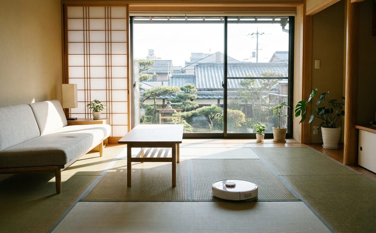 明るいリビングに複数の部屋が見える。畳の上にテーブルとソファがあり、ロボット掃除機が動いている。