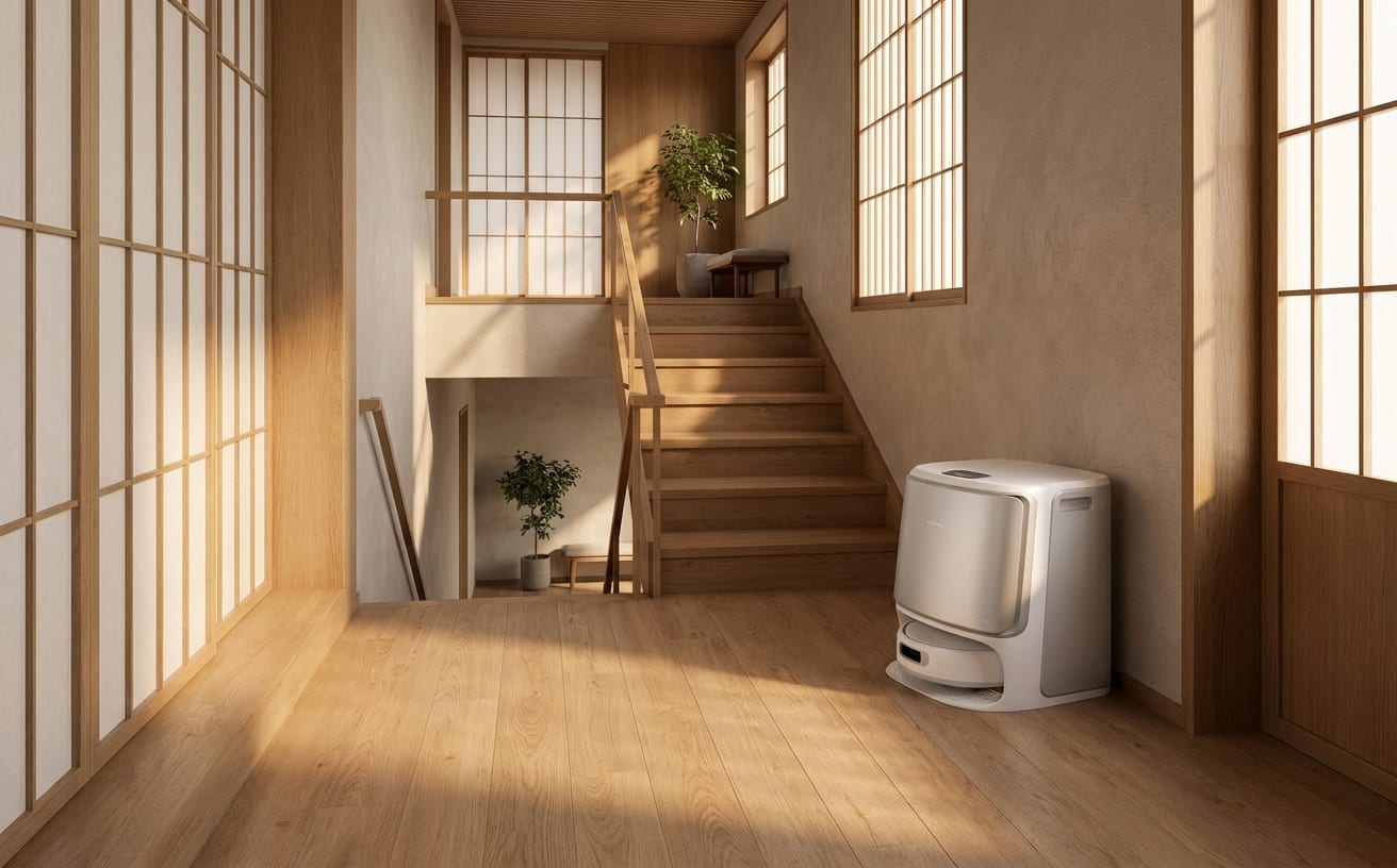 明るい木の温もりが感じられる複数の部屋の階段、シンプルなデザインの家具と植物が美しい空間を作り出しています。